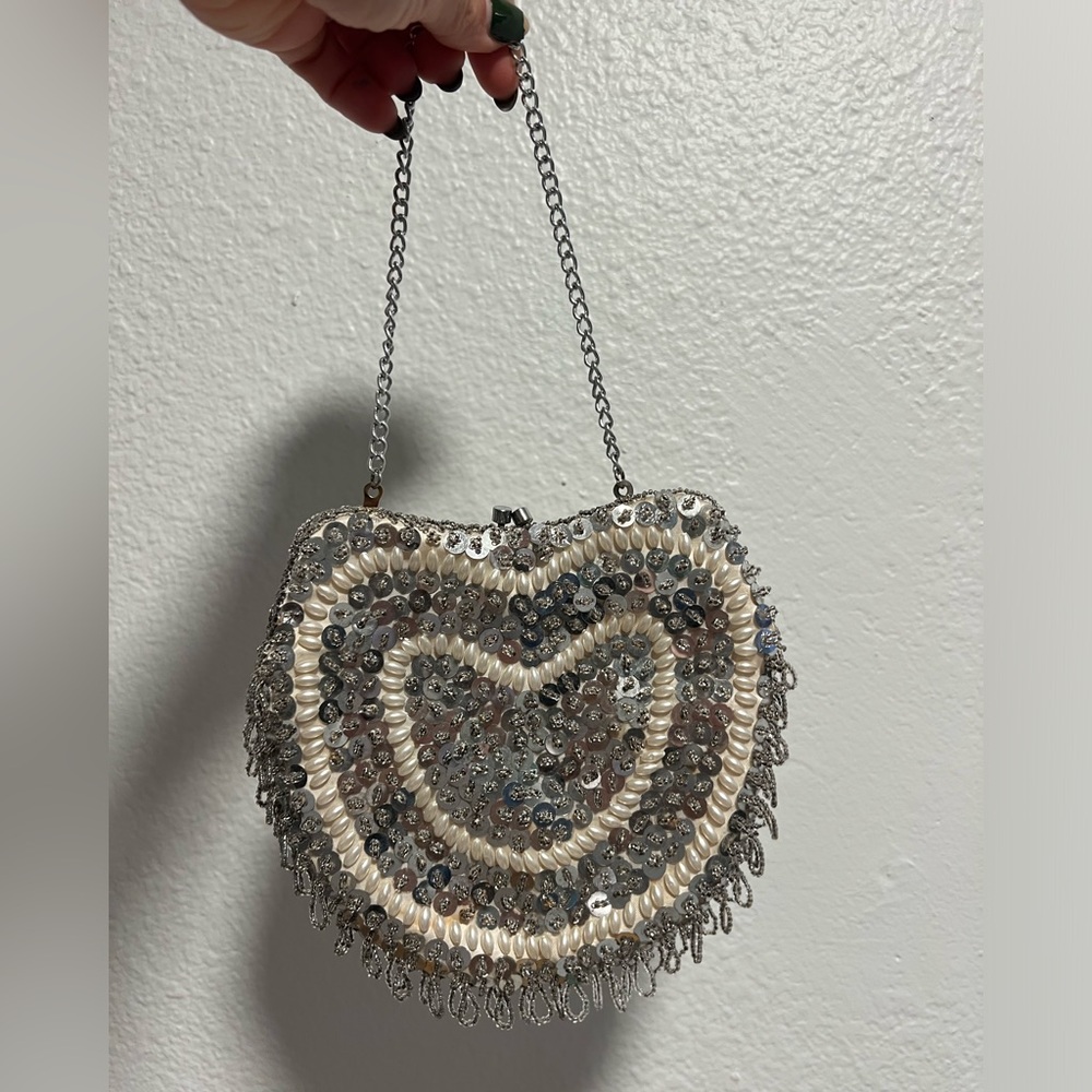 Vintage Silver, Pearls & Sequin Heart-Shaped Purse